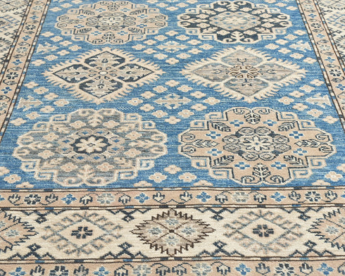 4x6 Ft Blue Kazak Afghan Hand Knotted Geometric Design Wool Area Rug